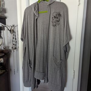 Gray Hooded Cardigan with Skull Design